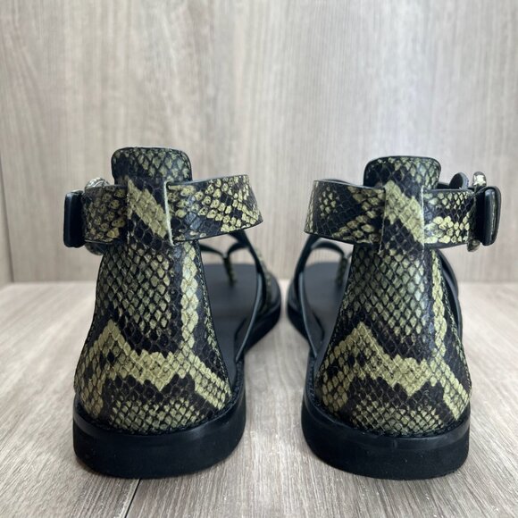 Vince Morris Strappy Flat Sandals 10M Snake Skin Ankle Strap Leather Green Black - Picture 6 of 14
